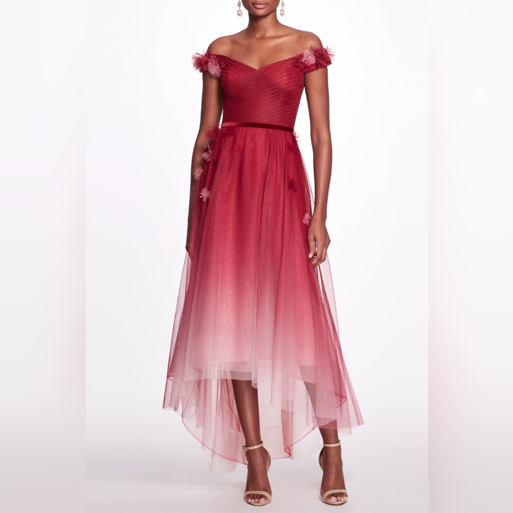 Marchesa Notte Merlot & Pink Ombre High Low Sweetheart Gown w Floral Appliqués